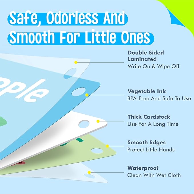 50 PCS Kid First Cognitive Flashcards,Double Sided Printed 7 in 1 Colorful Cards Alphabet,Numbers, Foods,Animals,Shapes,Colors with 3 Reclosable Rings,Learning Tool for Pre-K Kindergarten Toddlers-CubbioJoy