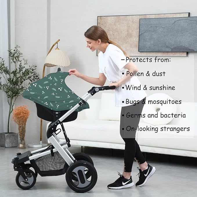 Carseat Covers for Baby Breastfeeding – Multi use Car Seat Canopy Cover, Infant Stroller Canopy Cover for Girls (Green Print)-CubbioJoy