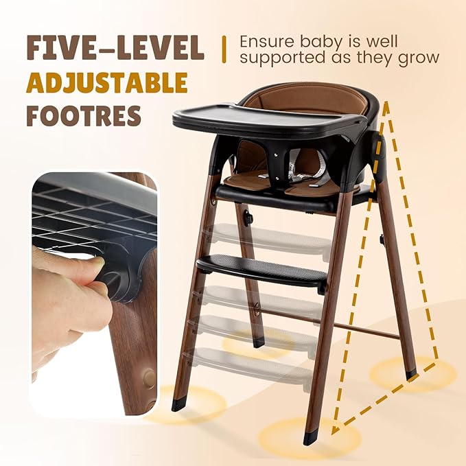 Adjustable High Chair with Removable Tray, Easy to Clean, Portable. 6 Months up to 240 Lb (Black Brown)-CubbioJoy
