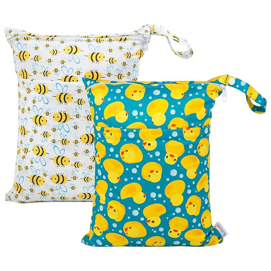 ALVABABY 2pcs Cloth Diaper Wet Dry Bags Waterproof Reusable with Two Zippered Pockets Travel Beach Pool Daycare Soiled Baby Items Yoga Gym Bag for Swimsuits or Wet Clothes L114117-CubbioJoy
