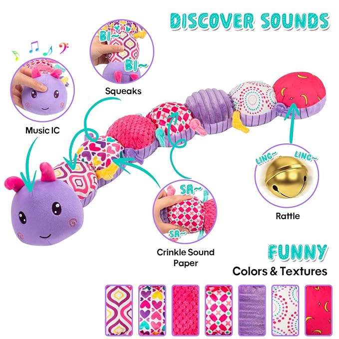Baby Stuffed Animal Toys for 0-6 6-12 Months, Baby Musical Caterpillar Tummy Time Toys for Babies 3 6 9 12 18 Months, Newborn Infant Sensory Toys Gifts for 1 2 Year Old Boys Girls-CubbioJoy