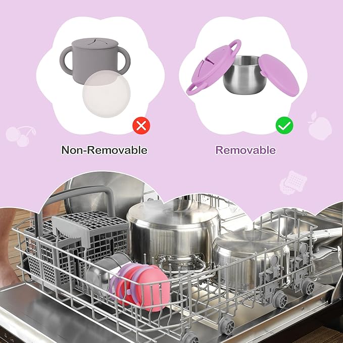 2 Pack Snack Cups for Toddlers Spill Proof - Detachable Stainless Steel Toddler Snack Cups with Silicone Lids & Handles - Dishwasher Safe Baby Snack Containers for Mess-Free Snacking (Red and Purple)-CubbioJoy