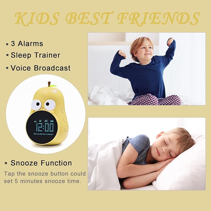 Kids Alarm Clock for Girls Pear Alarm Clock with Snooze Toddler Sleep Training Clock for Bedroom Home Office(Yellow)-CubbioJoy