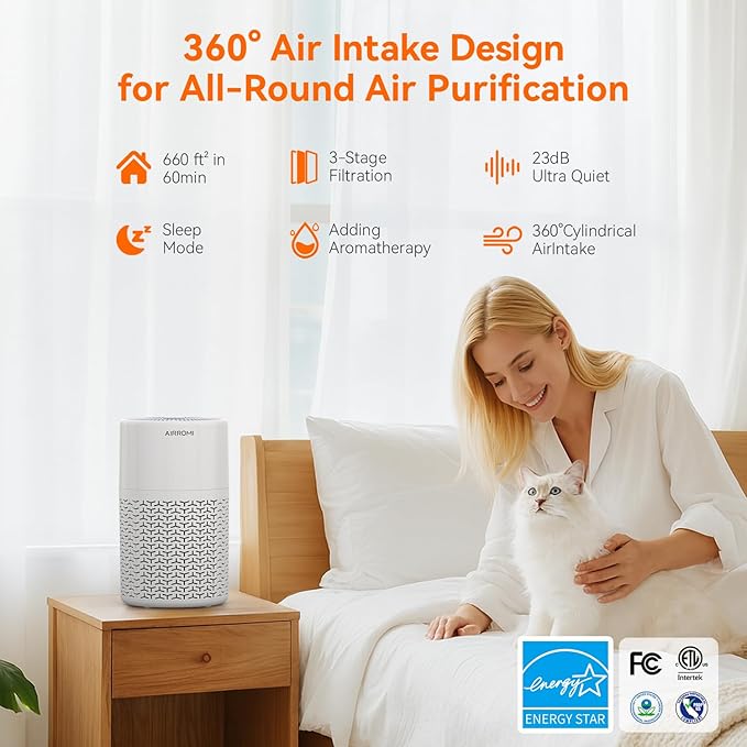 AIRROMI Pets Air Purifier for Home Allergies,Up to 660 ft².Yellow Deodorizing Activated Carbon Filter,With Fragrance Sponge for Better Sleep,Night Light,Pet Dander,Smoke,Odors,Air Cleaner A2002 White-CubbioJoy