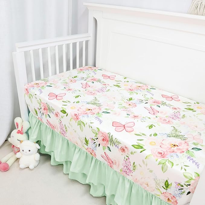 4-Piece Crib Bedding Set, Baby Girl Crib Bedding Set Butterflies Floral Nursery Bedding Set Includes Comforter, Fitted Crib Sheet, Crib Skirt, and Diaper Stacker, Green & Pink-CubbioJoy