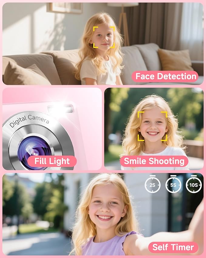 Digital Camera, 44MP FHD 1080P, 16X Zoom, 32GB SD Card, Compact Camera for Kids Teens Adults, Pink-CubbioJoy
