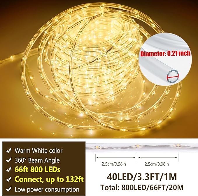 Connectable 66ft 800 LED Rope Lights Outdoor, Warm White Strip Lights Plug in, Outdoor String Lights Waterproof Decorative Lighting for Deck Patio Yard Garden Pathway Pool Camping Room Indoor Décor-CubbioJoy