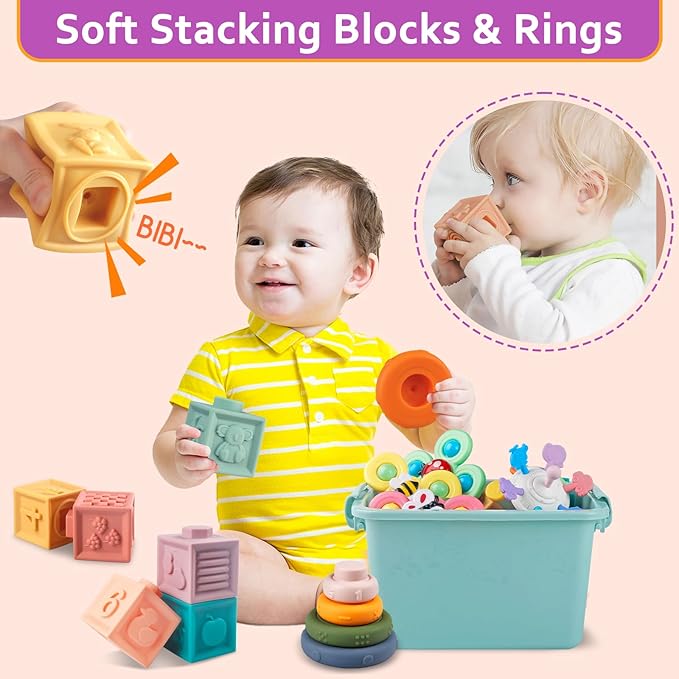 Baby Toys for 6 to 12 Months, Montessori Sensory Bins & Teething Toys, 6 in 1 Stacking Blocks, Rings, Eggs, Spinner, Crab Shape, 27 Pieces, Ages 6-36 Months-CubbioJoy