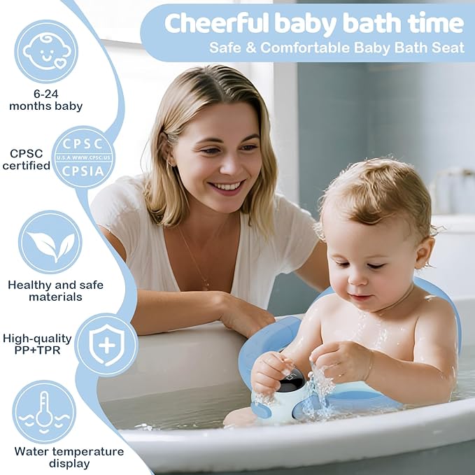 Baby Bath Seat-for Babies 6 Months & up, Water Temperature Display+Soft Cushion, Non-Slip Toddler Bath Seat for Baby, Sit Up Bath Seat for Baby, Blue-CubbioJoy