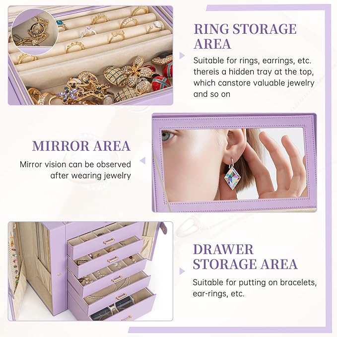 AKOZLIN Extra Large 6-Tier Jewelry Box Organizer Functional Huge, 5 Drawers Leather Jewelry Storage Case for Women Girls Ring Necklace Earring Bracelet Holder Organizer with Mirror Violet-CubbioJoy