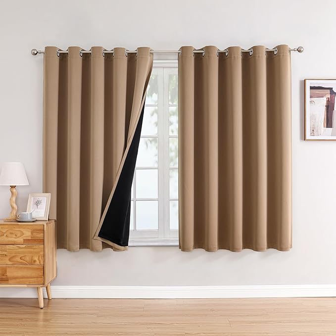 ChrisDowa 100% Blackout Curtains 63 inch Long for Bedroom with Black Liner, Extra Wide 2 Thick Layers Total Blackout Thermal Insulated Grommet Window Curtains 2 Panels Set (Cappuccino, 60 x 63 Inch)-CubbioJoy