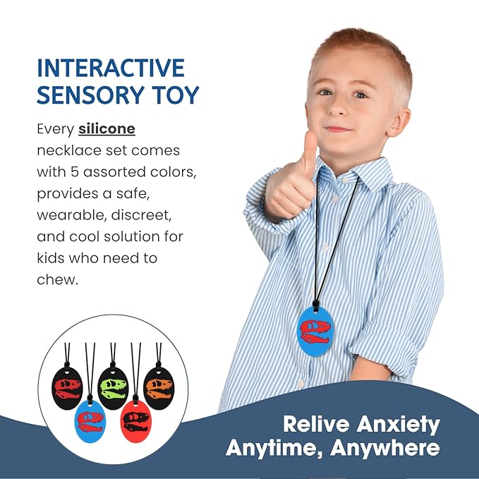 Chew Necklaces for Sensory Kids, Silicone Chewy Necklace, Oral Motor Chewy Teether Toys for Chewers with Autism, ADHD, SPD, or Biting Needs, 5 Colors-CubbioJoy