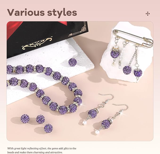 200pcs 10mm Rhinestone Beads for Jewelry Making, Purple Shiny Round Disco Ball Beads Bulk, Sparkle Crystal Clay Christmas for Bracelet Baseball Necklace Earring Crafting and DIY-CubbioJoy