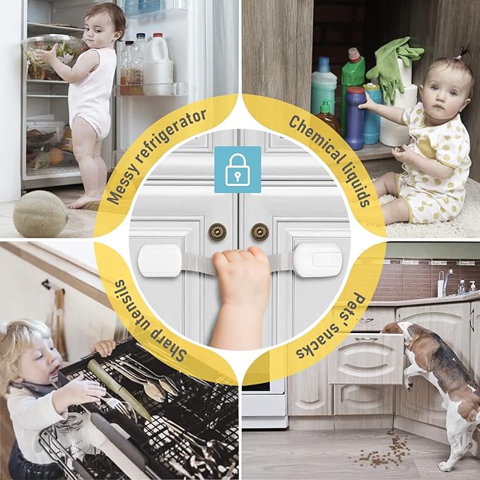 4our Kiddies Child Safety Cabinet Locks for Babies (2 Pack) Child Proof Latches for Cabinets and Drawers Doors, Baby Proofing Cabinet Strap Locks for Cupboards, Fridge, Toilet and Closet-CubbioJoy