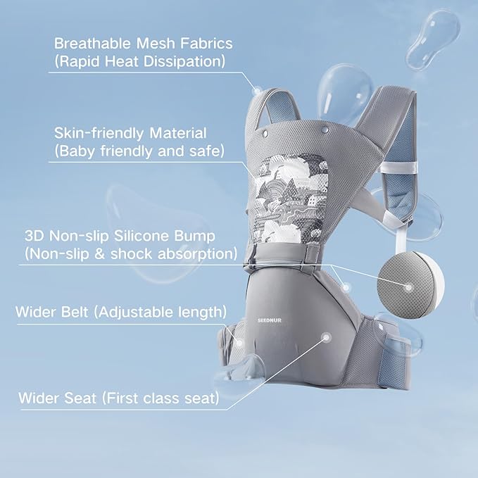 Baby Carrier with Hip Seat, SEEDNUR 6-in-1 Baby Carrier Newborn to Toddler, Ergonomic & Lightweight Toddler Carrier, Adjustable Baby Holder Carrier to Hands-Free Perfect for Travel and Shopping-CubbioJoy