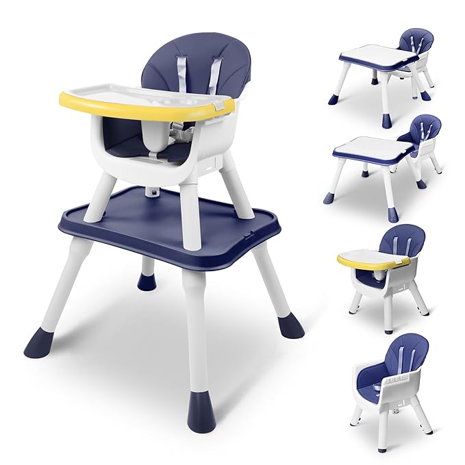 4 in 1 Baby High Chair, Toddler Chair with Removable Tray, Convertible High Chairs for Babies and Toddlers, Kids Learning Table, Building Block Table, Dining Booster Seat with Safety Harness, Blue-CubbioJoy