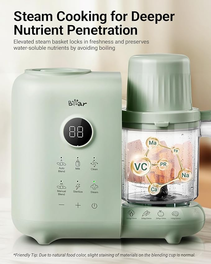 Bear Baby Food Maker with Two Layer Steam Baskets, Multifunction Baby Food Processor Steamer Puree Blender, Baby Food Mill with Bottle Warming Sterili-zing Auto Cleaning Function, BPA-Free-CubbioJoy