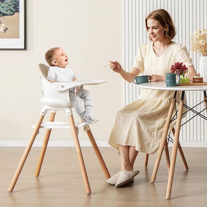 BABY JOY High Chair, 6 in 1 Convertible Wooden Highchair for Babies & Toddlers with Adjustable Legs, Double Removable Tray, Safety Harness & Waterproof PU Cushion (Beige)-CubbioJoy