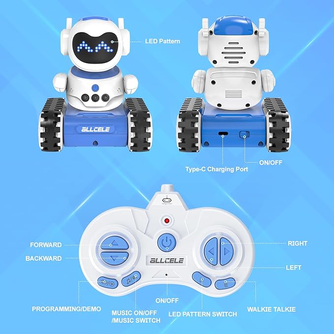 ALLCELE LED RC Robot Toys for Boys and Girls with Walkie Talkie, Programming, Music, Demo and LED Function, Remote Control Robot Toy, Gift for Kids 3-8 Years Old Blue White-CubbioJoy