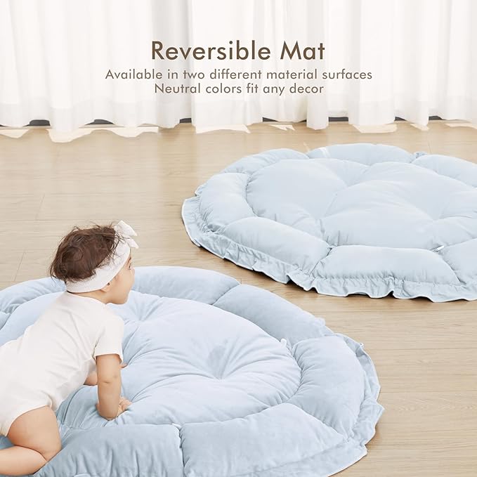 ANGELBLISS 5 in 1 Baby Play Gym Mat, Reversible Tummy Time Mat with 5 Sensory Toys for Stage-Based Developmental, Thick & Large Baby Activity Center from Newborn to Toddler (Light Blue)-CubbioJoy