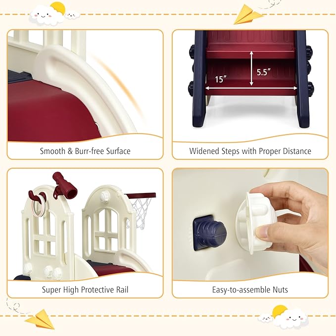 BABY JOY Toddler Large Slide, 6 in 1 Slide for Kids with Basketball Hoop, Ring Toss, 2 in 1 Convertible Climbing Way, Freestanding Kids Slide Climber Set for Indoors Outdoor Boys Girls Gifts Present-CubbioJoy