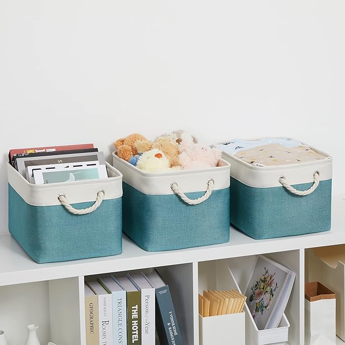 Bidtakay Basket Storage Bins with Handles Fabric Large Storage Baskets for Organizing Set of 3 Collapsible Rectangular Basket for Shelves Closet Organizer 15 X 11 X 9.5 Inches(White&Teal Blue)-CubbioJoy