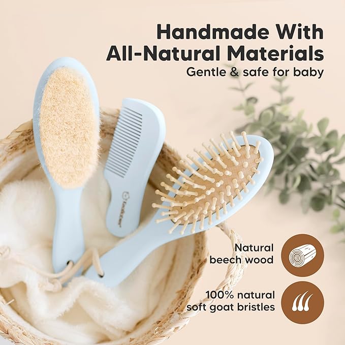 Baby Hair Brush and Comb Set for Newborn - Wooden Baby Hair Brush Set with Soft Goat Bristle, Baby Brush Set for Newborns, Baby Brush and Comb Set Girl, Boy, Toddler Cradle Cap Brush (Oval, Frost)-CubbioJoy