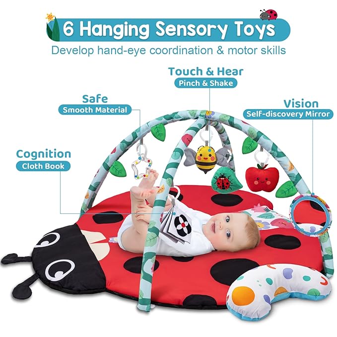 Jyusmile Baby Play Gym Mat, 8-in-1 Tummy Time Mat with 6 Toys, Washable Baby Activity Mat for Visual, Hearing, Sensory, Motor Development, Baby Essentials Gift for Newborn Infant 0-3-6-9-12 Months-CubbioJoy