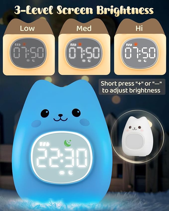 Cat Alarm Clock for Kids with Night Light, Sleep Training Clock Time to Wake Clock, Rechargeable Silicone Light for Bedroom, Perfect Sleep Companion for Boys Girls-CubbioJoy