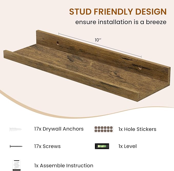 Axeman Picture Ledge Shelf, Floating Shelves for Wall Storage Set of 6, 16 inch Floating Wall Mounted Shelves, Wall Shelves with Lip for Living Room, Bedroom, Nursery, Bathroom, Kitchen, Rustic Brown-CubbioJoy