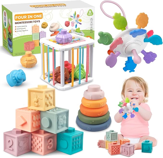 4-in-1 Baby Toys for 6-12 Months, Montessori Soft Stacking Blocks for Babies, Infants Teething Toys, Sensory Balls and Educational Learning Set for Toddlers (Boys & Girls)-CubbioJoy