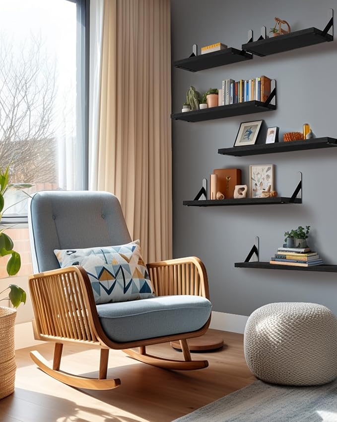 AMADA HOMEFURNISHING Wall Shelves Set of 6, Wood Floating Shelves for Decor, Rustic Farmhouse for Bedroom, Bathroom Storage, Book Shelves for Living Room, Black-CubbioJoy