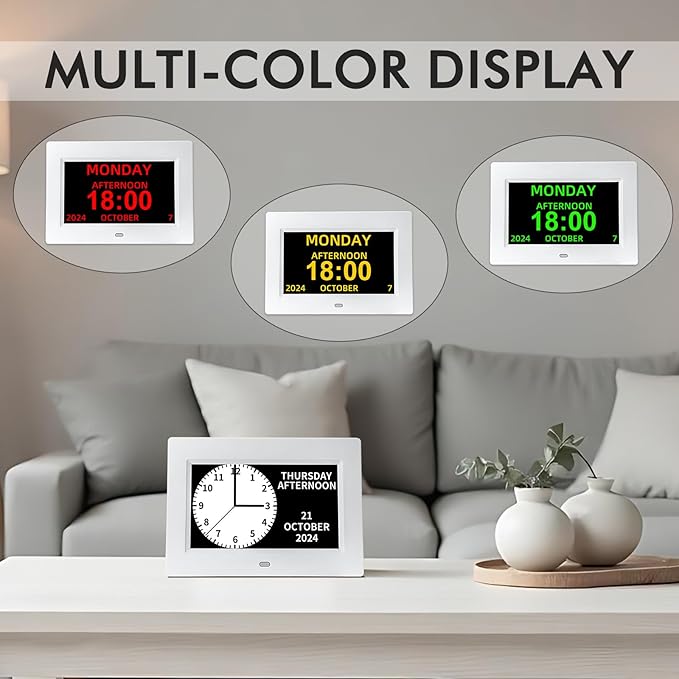 Digital Calendar Alarm Clock for Seniors - 7" Large Display with Day/Date, 12 Custom Alarms & Auto-Dimming | Medication Reminder, Dementia-Friendly Design, Easy Read (White)-CubbioJoy