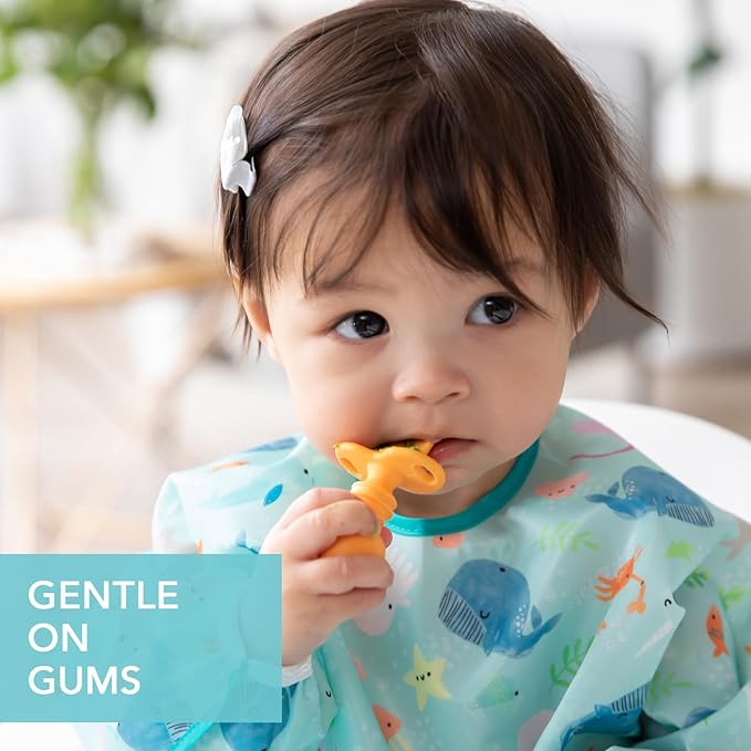 Bumkins Baby Utensils Set, Chewtensils Silicone Spoons for Dipping, Self-Feeding, Baby Led Weaning, Trainer Learning, First Stage Eating, Soft Practice Fork and Spoon, Babies 6 Months, Tangerine-CubbioJoy