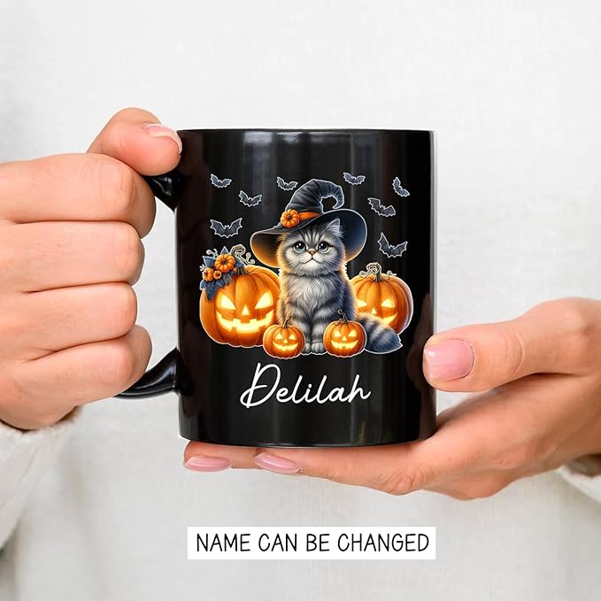 Customized Halloween British Longhair Mug with Name, Personalized British Longhair with Pumpkins Coffee Cup, Witch Cat Ceramic Mug, Pet Halloween Black Cup 11oz 15oz, Gift for Cat Dad Mom-CubbioJoy