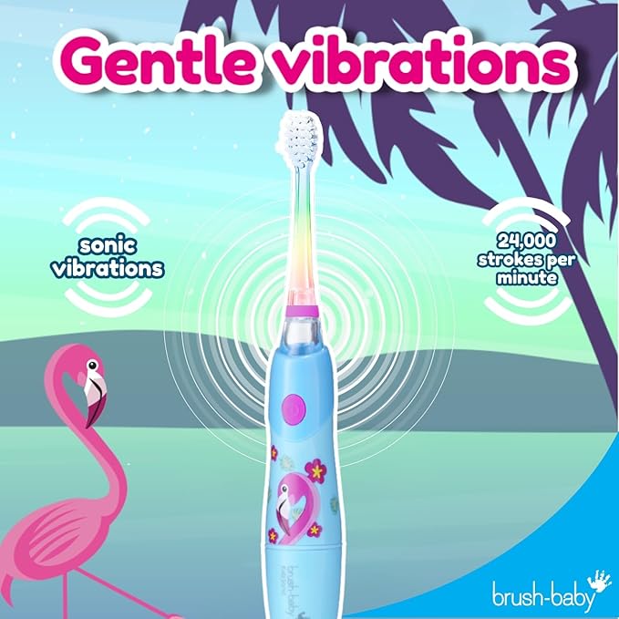 Brush‑Baby - KidzSonic Flamingo Kids Electric Toothbrush for Ages 3+ with Disco LED Lights, Gentle Sonic Vibrations, 2-Minute Smart Timer & 30‑Second Pulse Reminders – AAA Battery Included-CubbioJoy