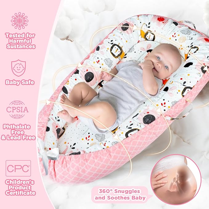 Baby Lounger - Baby Lounger for Newborn 0-24 Months, Breathable and Soft Cotton Cover Baby Nest, Portable Cozy Tummy Time Lounger for Home and Travel, Ideal Baby Essentials & Shower Gifts-CubbioJoy