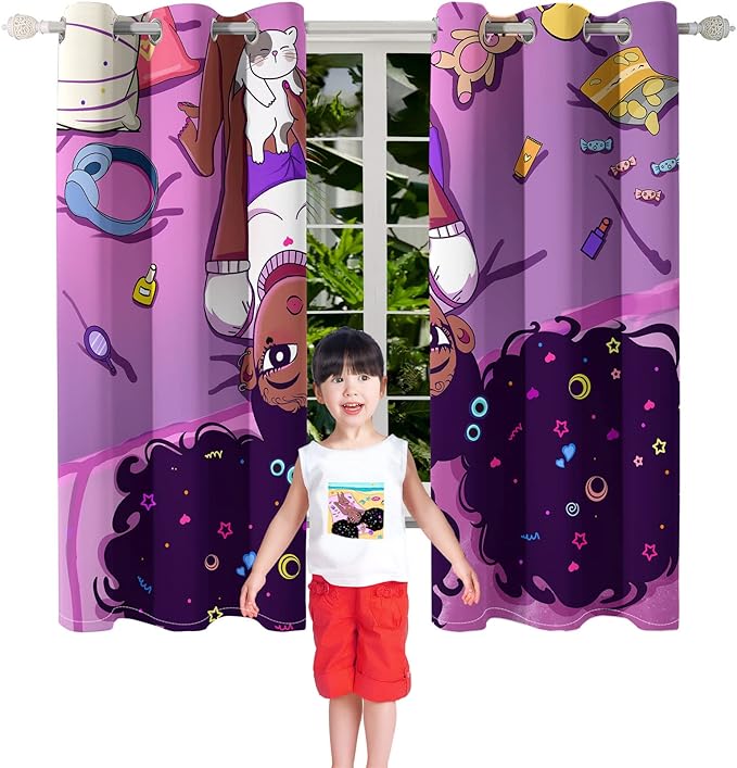 Black Girl Blackout Curtains 2 Panels 63" Inch Drapes for Kids Nursery Bedroom Purple Girls Blackout Curtains Cute Girls Themed Grommet Top Thermal Insulated Curtains for Nursery, 82" x 63"-CubbioJoy