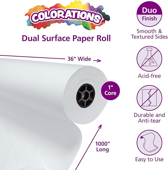 Colorations Dual Surface Paper Roll Classroom Supplies for Arts and Crafts White (36" x 1000') (Item # DSWH)-CubbioJoy