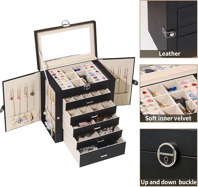 BOOVO Jewelry Box For women, 6 Layer Large Jewelry Organizer With Mirror, Multi-Function Storage Box With Lock, Accessory Holder With 5 Drawers, For Earrings Necklace Ring Bracelet (Black)-CubbioJoy