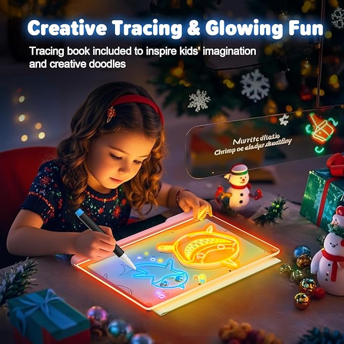 16-Inch Rechargeable Doodle Glow LED Note Board, 7-Color Light Modes, Neon Art Dry Erase Light Up Drawing Pad with Built-in Stand, Sketching Gift Toy for Kids/Girls/Teens, 5 Markers & Tracing Book-CubbioJoy
