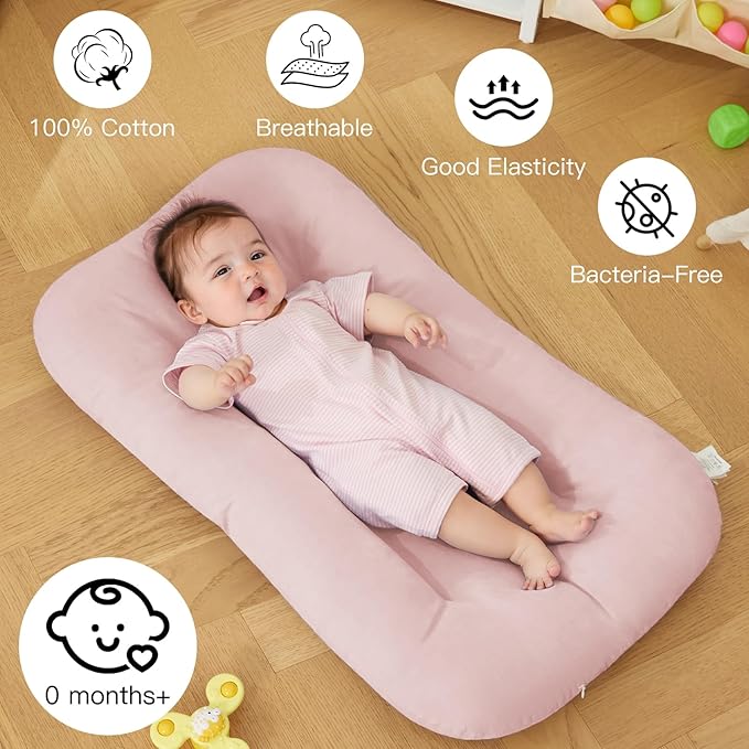 Baby Lounger for Newborn, Bionic Design Baby Lounger, Soft Organic Cotton Breathable Lounger for Infants 0-18 Months (Pink)-CubbioJoy