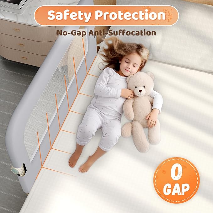 Bed Guard Rail for Toddlers - 47inch Foldable & Adjustable Height Baby Bed Safety Side Rails - Large Toddler Crib Railing Guard for Twin, Bunk, Full Size, Queen & King, Full Size Bed Grey-CubbioJoy