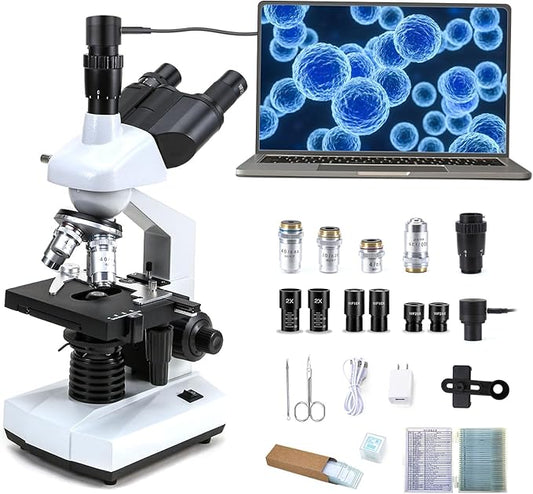40X-5000X Compound trinocular Microscopes trinocular for Adults, with 5.0 mp Camera with Microscope Slides 30p, Microscope Accessories, Microscopes for School Laboratory Home Education Abbe Condenser-CubbioJoy