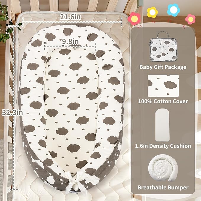 Baby Lounger- Baby Nest for 0-24 Months, Ultra Soft Organic Cotton Breathable & Portable Baby Lounger, Baby Lounger Pillow for Newborn-CubbioJoy