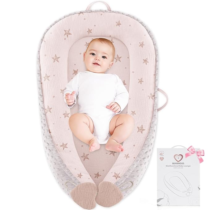 Baby Lounger - Infant Lounger Pillow for Newborn 0-24 Months, Soft, Breathable & Portable Baby Lounger Pillow for Boys & Girls, Cozy Baby Floor Seat for Home & Travel (Pink Star)-CubbioJoy