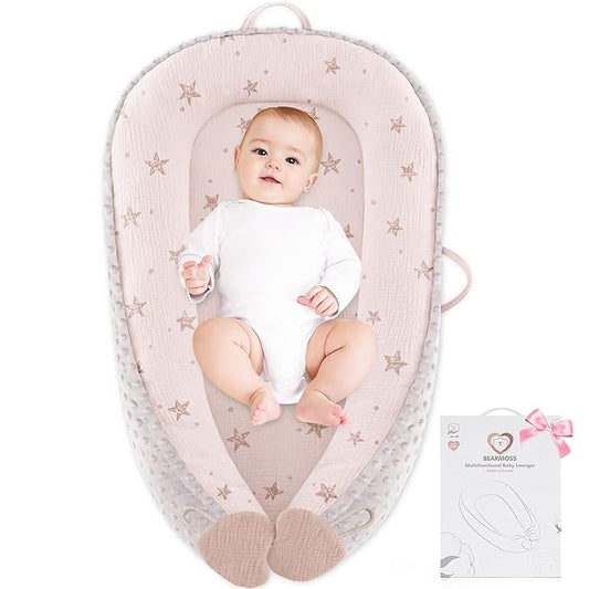 Baby Lounger - Infant Lounger Pillow for Newborn 0-24 Months, Soft, Breathable & Portable Baby Lounger Pillow for Boys & Girls, Cozy Baby Floor Seat for Home & Travel (Pink Star)-CubbioJoy