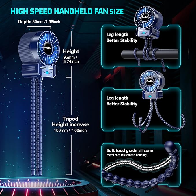 2 Pack Multifunctional Portable Stroller Fan 4 Speed 6600rpm High Speed Usb Rechargeable Personal Mini Handheld Fan Extended Tripod For Desktop Winding Kids Bed Treadmill Bike Golf Cart Outdoor Travel-CubbioJoy