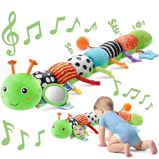 Sumobaby Baby Toys 0-6 6-12 Months,Music Caterpillar Plush Toy with Baby Mirror, Pull String&Crinkle Rattle,Infant Teething Toys,Tummy Time for 0-3-6-12 Month Boys Girls Newborn Gifts (Green-Branch)-CubbioJoy