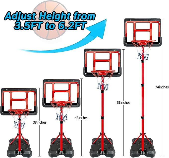 Boys Toy Gifts for 3 4 5 6 7 8 Years Old, Kids Basketball Hoop Adjustable Height 3.5FT-6.2FT, Mini Basketball Hoop for Kid Boys, Basketball Goal Toys Outdoor Indoor Game Gifts for Boys, Red-CubbioJoy